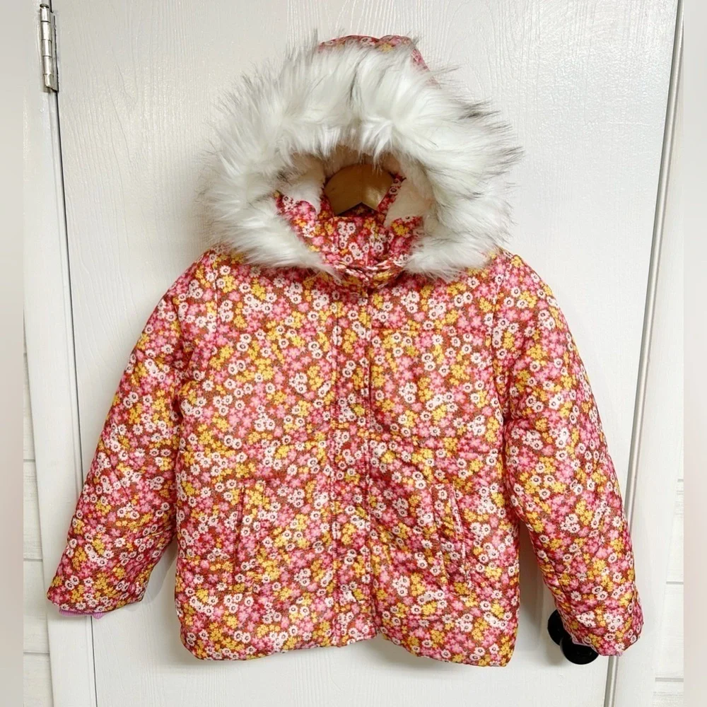 Girls Puffer Coat with Faux Fur Trim Hood, Size 12 NWT